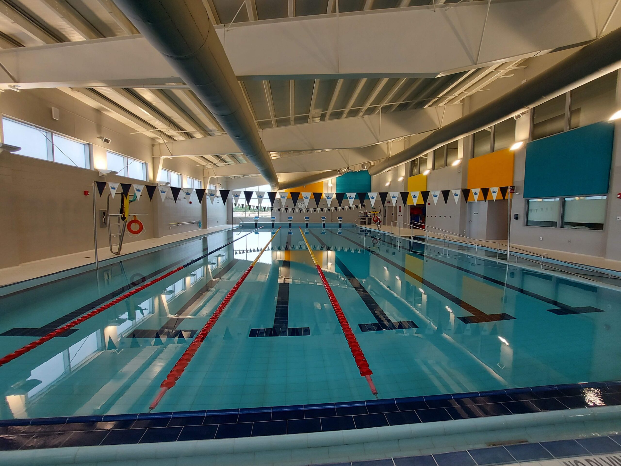a wide angle view of a swimming pool
