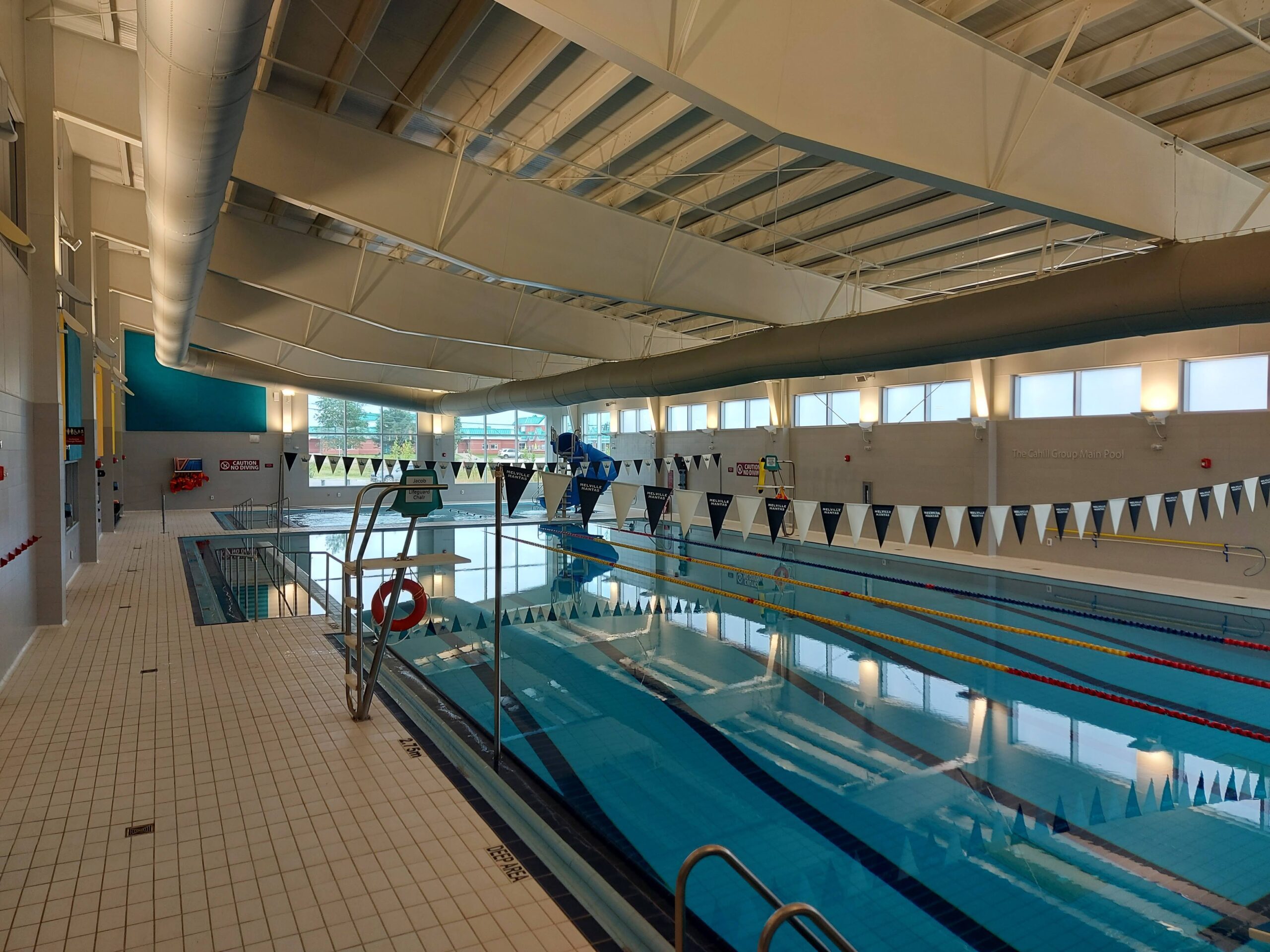 a wide-angle view of a swimming pool