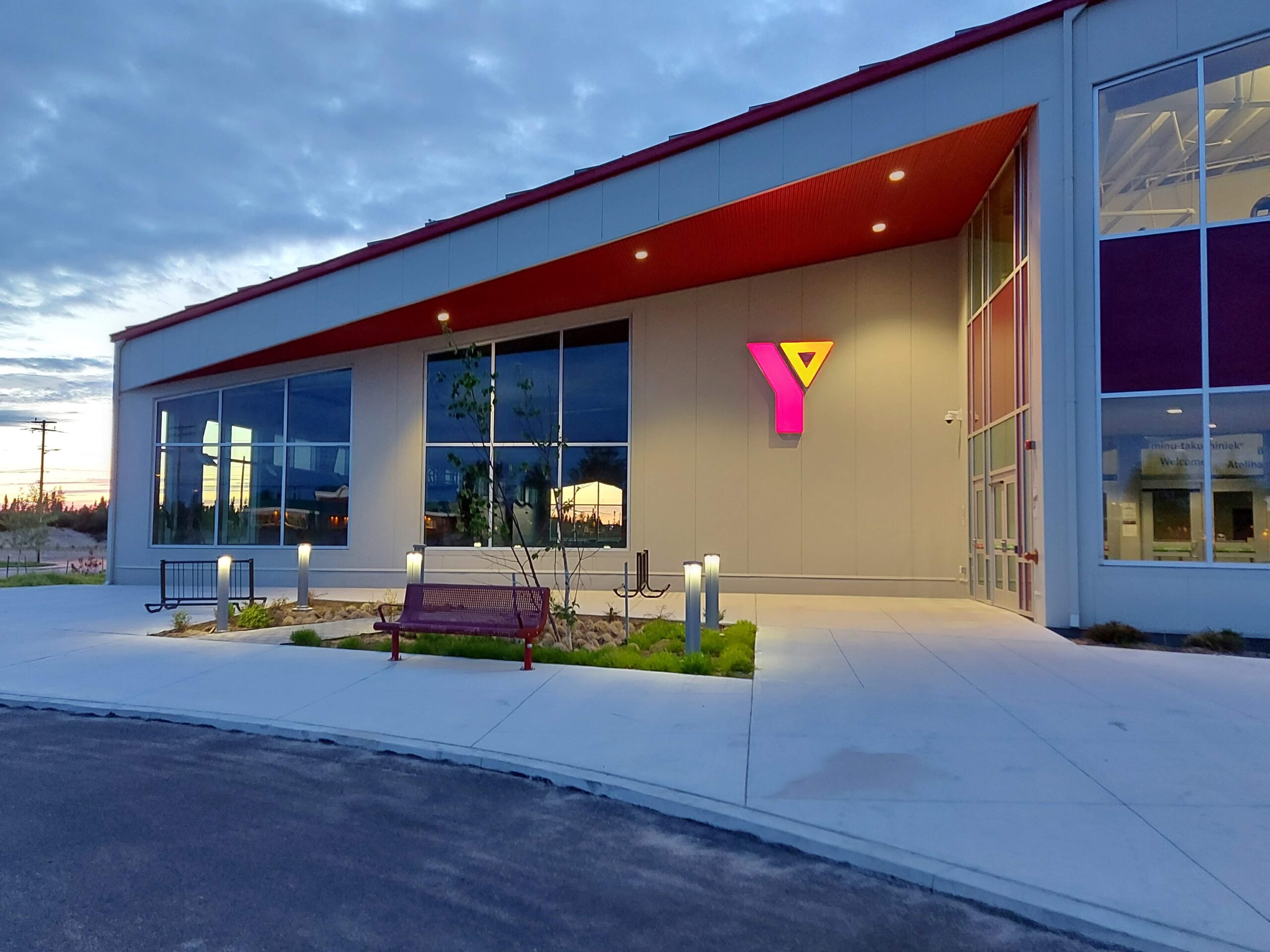 A wide angle view of of the entry way of a YMCA