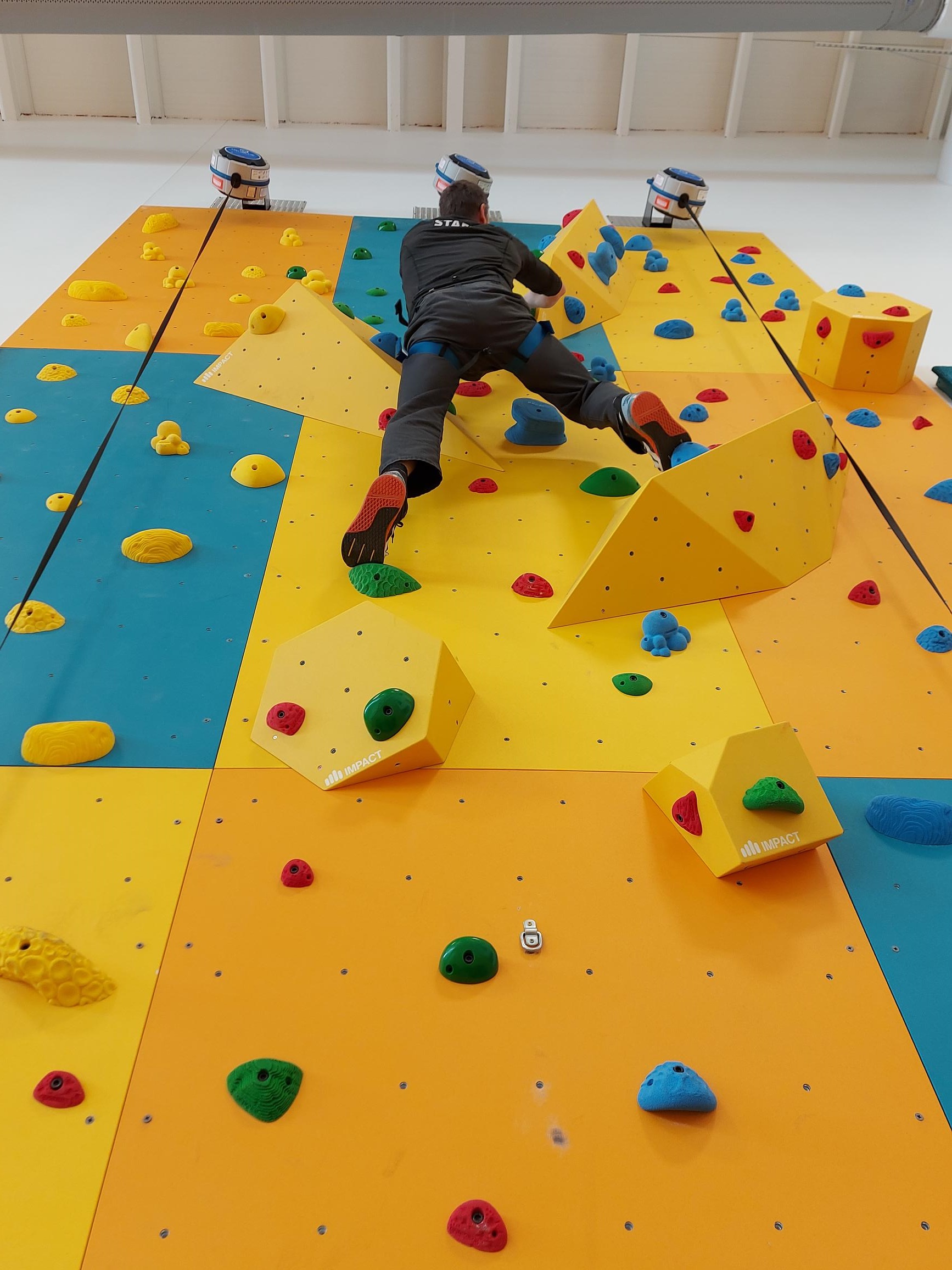 vertical view of a person climbing an indoor rock climbing wall